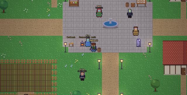 Top-down view of the town of Aldhearth in Nyrath, with its plaza, market stalls and townsfolk